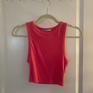 Zara high neck ribbed crop top in bright pink - small